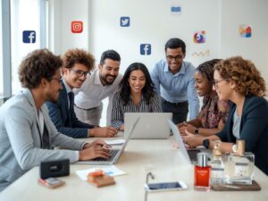 A professional team from a digital marketing agency helping clients with online marketing, perfume products