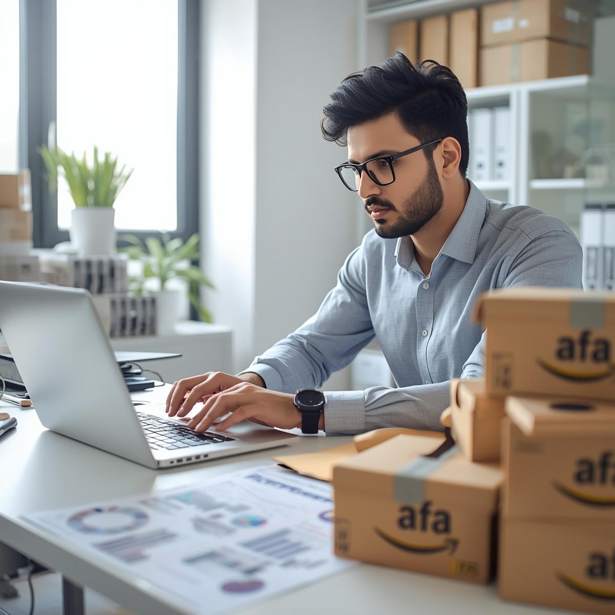 A small business owner in Pakistan working on a laptop with graphs, charts, mode