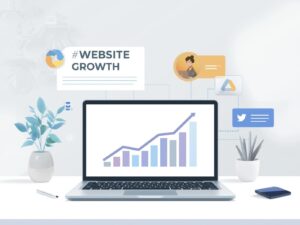 A realistic illustration of website growth showing upward traffic charts, SEO, social media,