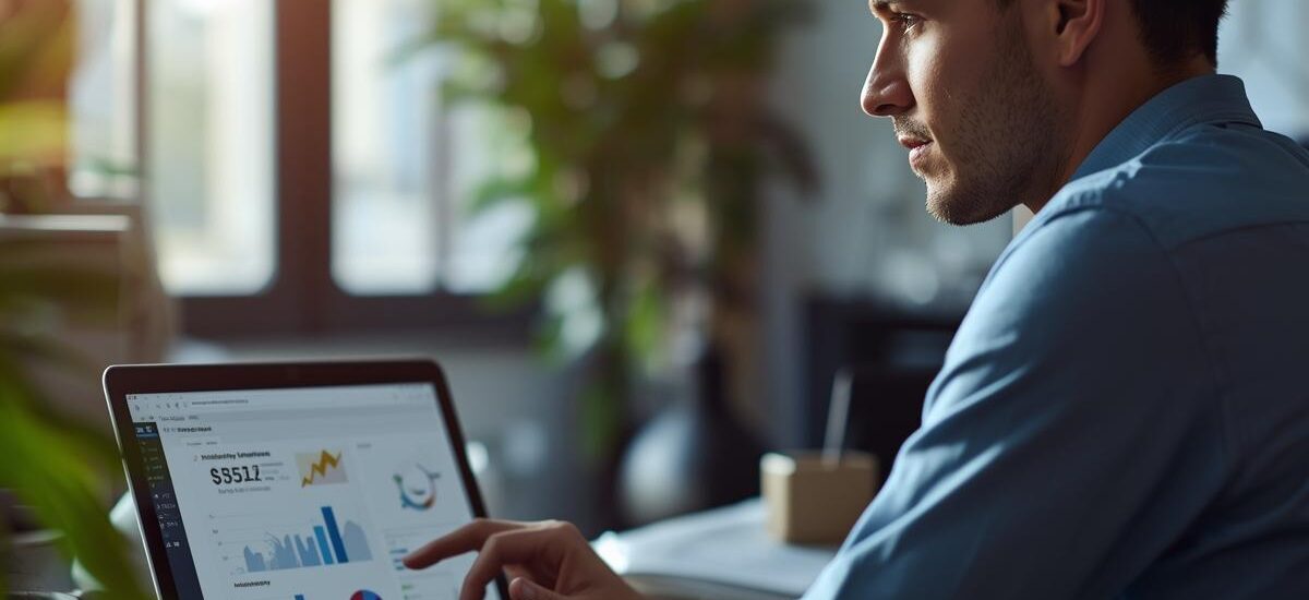 A realistic modern office workspace showing a laptop with website analytics