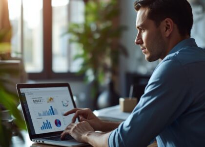 A realistic modern office workspace showing a laptop with website analytics