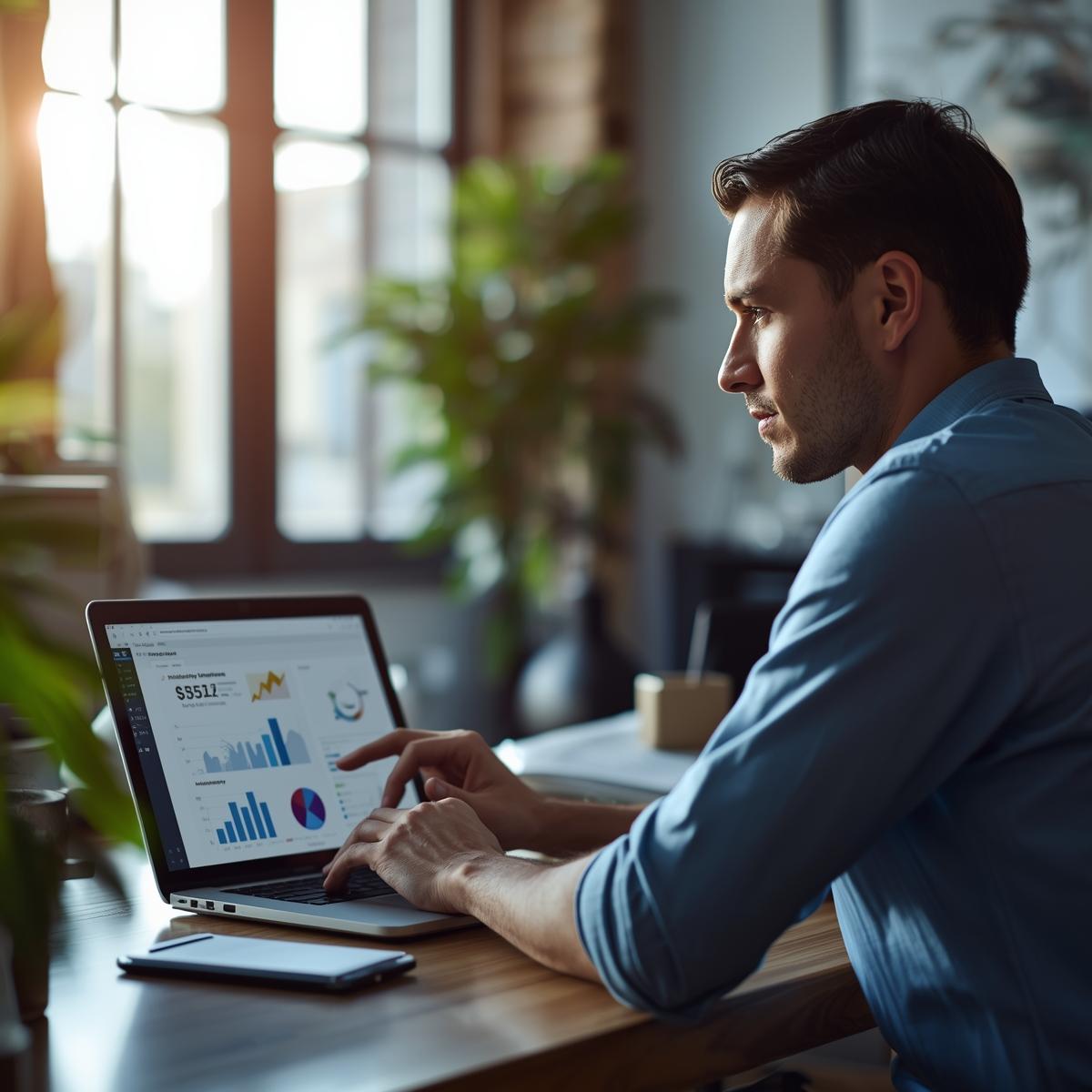 A realistic modern office workspace showing a laptop with website analytics