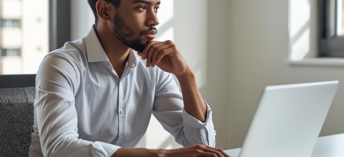 A small business owner sitting at a desk, looking at a laptop with marketing charts on the screen,