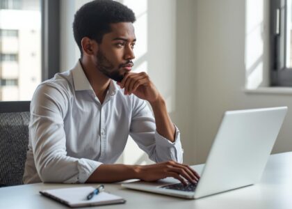 A small business owner sitting at a desk, looking at a laptop with marketing charts on the screen,