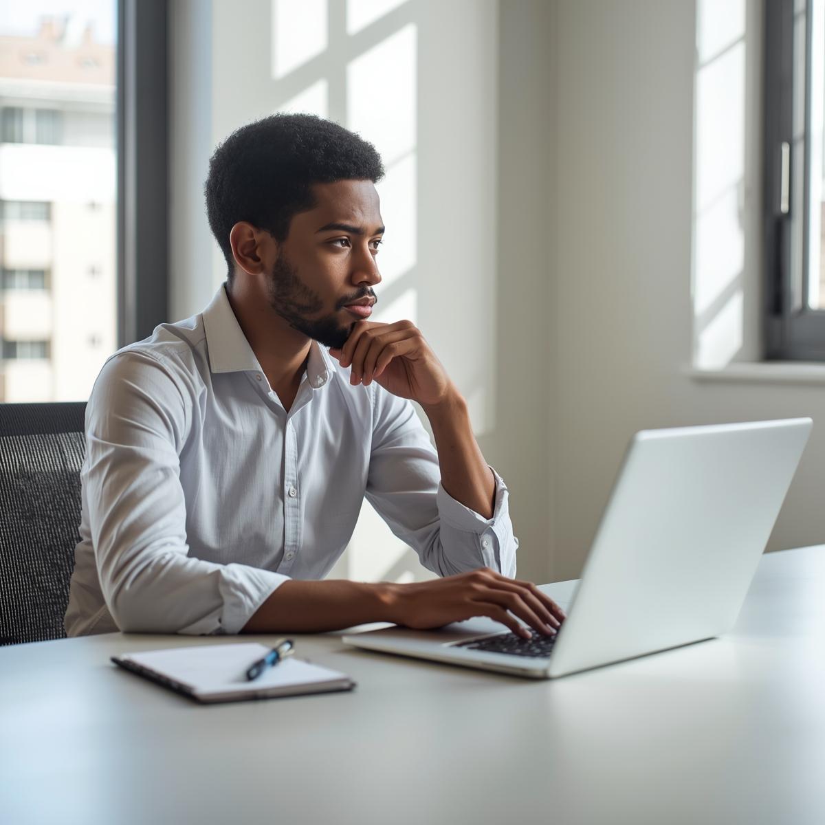 A small business owner sitting at a desk, looking at a laptop with marketing charts on the screen,